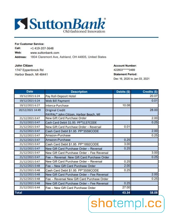 Sutton Bank Statement PDF Templates